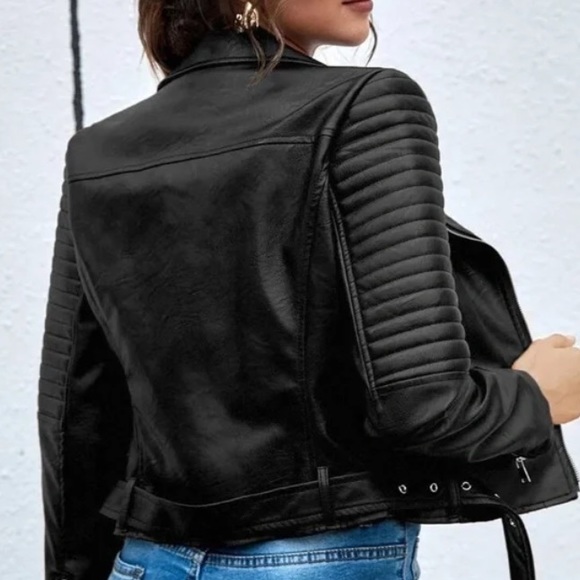 Luxe black vegan leather zipper biker moto motorcycle jacket - Picture 3 of 4